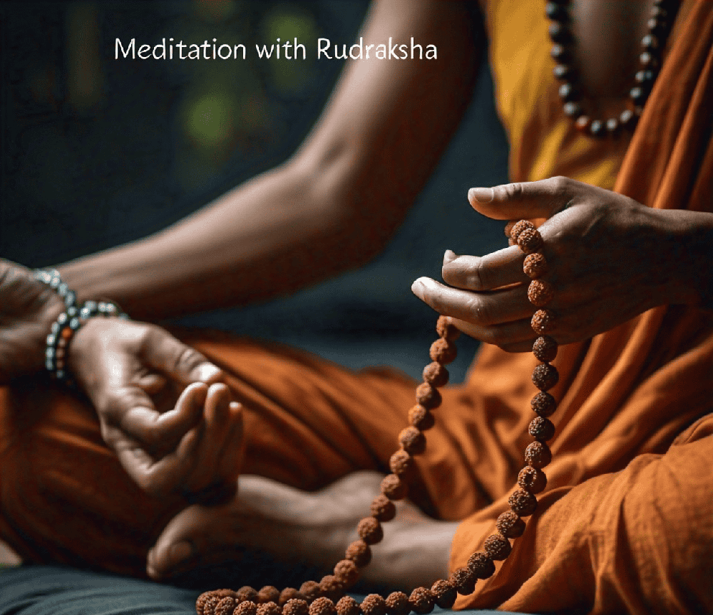 A serene image of a person meditating with a Rudraksha mala, emphasizing the calming effects of the beads on chakra balancing 4